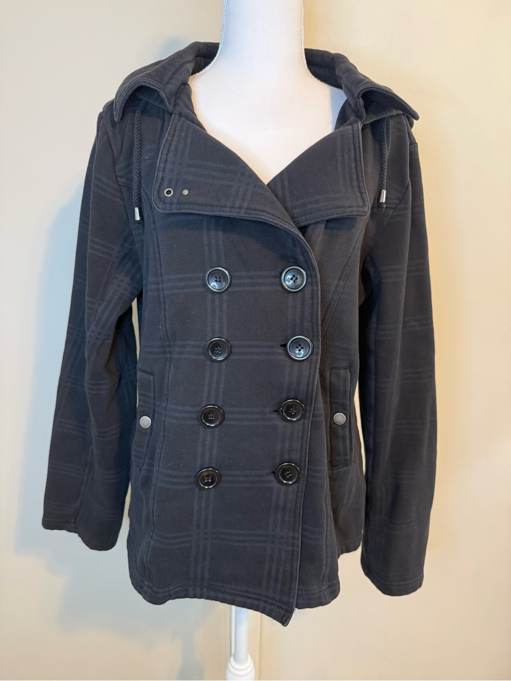 Sebby Hooded Double-Breasted Peacoat Size XL Black Plaid Sweatshirt Material Y2k